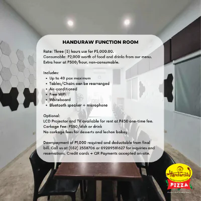 Function room with the house rules shown on screen